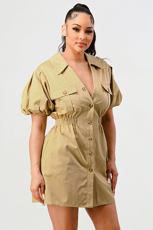 Puff Sleeve Buttoned Safari Mini Dress