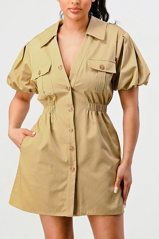 Puff Sleeve Buttoned Safari Mini Dress