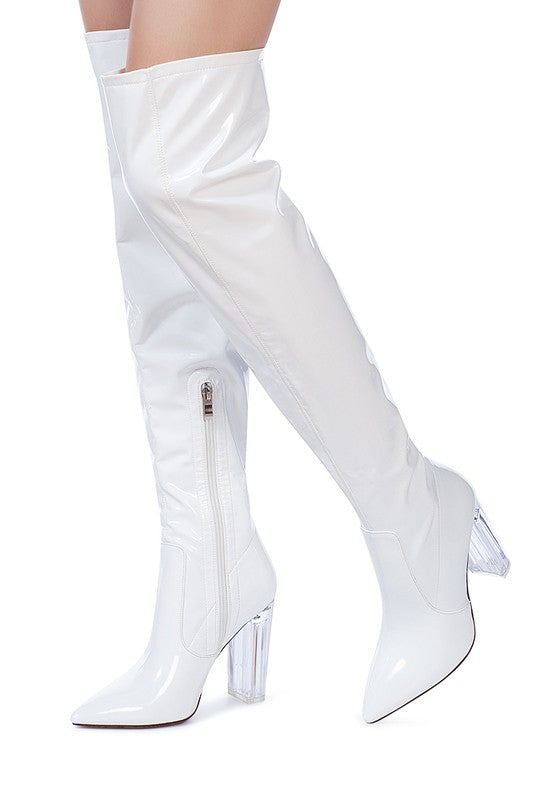 Elektra Over Knee High Clear Heel Patent Leather Boots