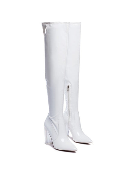 Elektra Over Knee High Clear Heel Patent Leather Boots