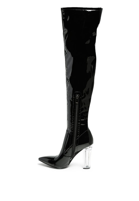 Elektra Over Knee High Clear Heel Patent Leather Boots