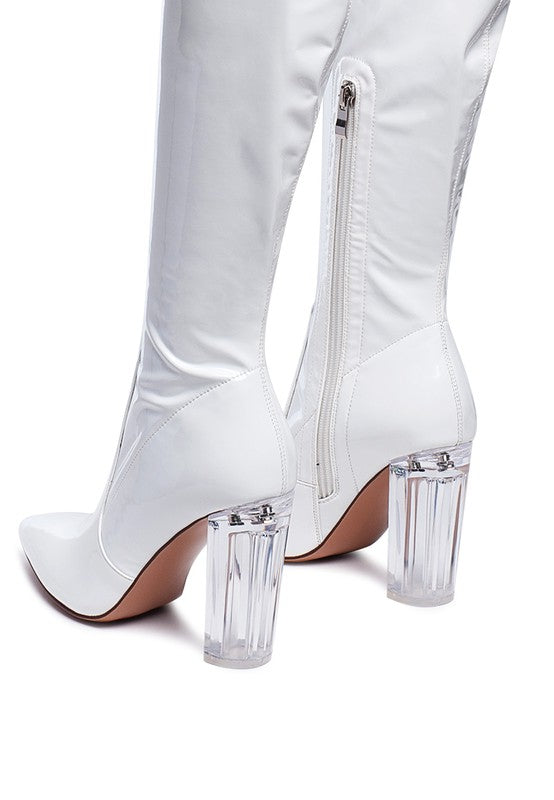 Elektra Over Knee High Clear Heel Patent Leather Boots