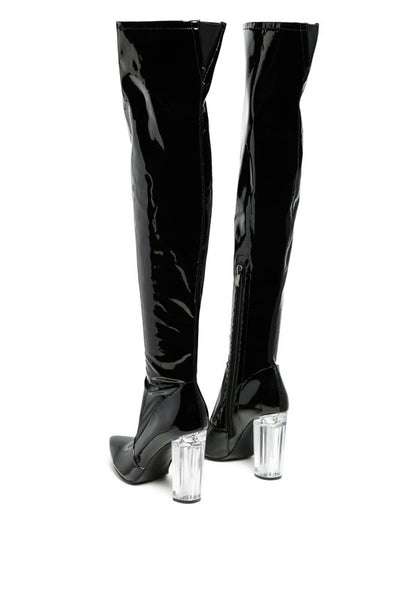 Elektra Over Knee High Clear Heel Patent Leather Boots