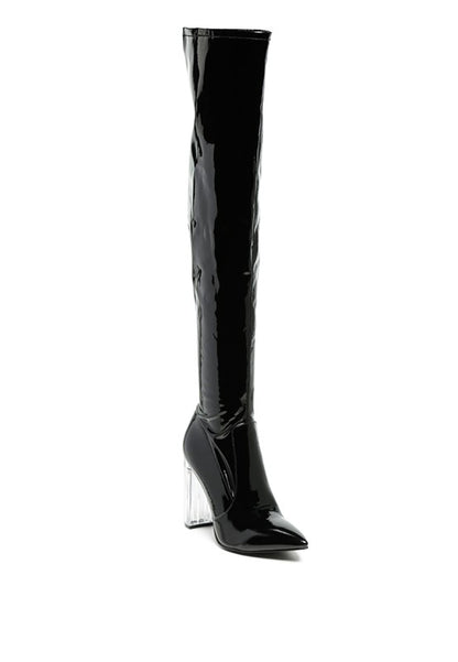 Elektra Over Knee High Clear Heel Patent Leather Boots