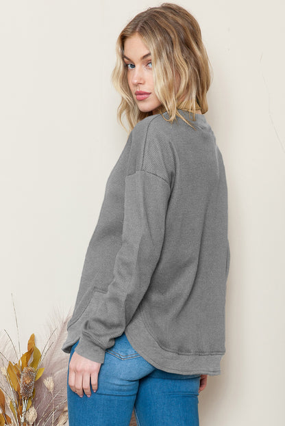 Grey Plain Crew Neck Ribbed Trim Waffle Knit Long Sleeve Top