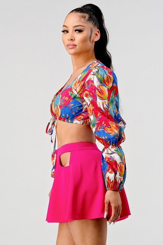 Cropped Tie Front Printed Top and Cutout Short Set