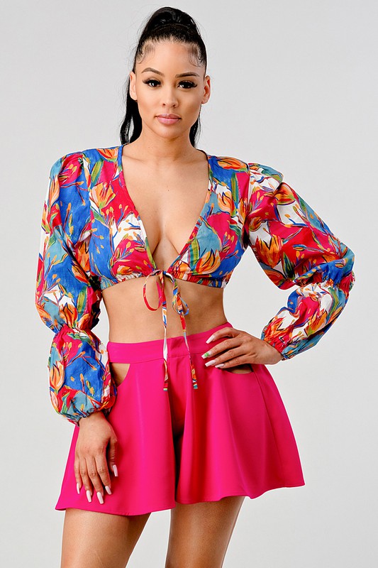 Cropped Tie Front Printed Top and Cutout Short Set