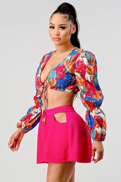 Cropped Tie Front Printed Top and Cutout Short Set