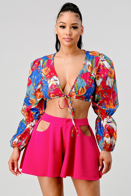 Cropped Tie Front Printed Top and Cutout Short Set