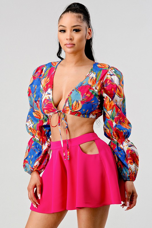 Cropped Tie Front Printed Top and Cutout Short Set