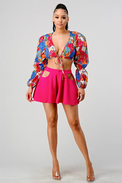 Cropped Tie Front Printed Top and Cutout Short Set