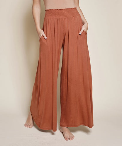 Bamboo Elastic Smock Waist Maxi Palazzo Pant