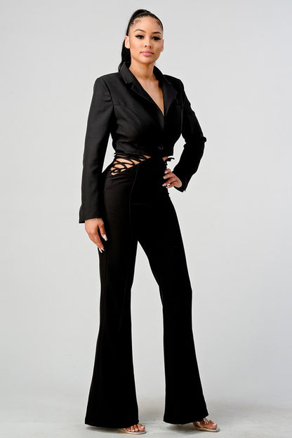 Lace Up Waist Blazer Jumpsuit