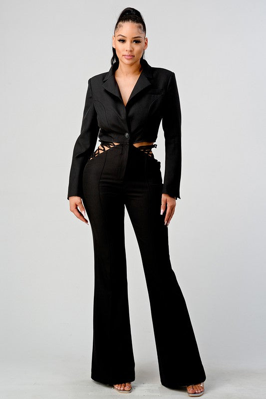 Lace Up Waist Blazer Jumpsuit