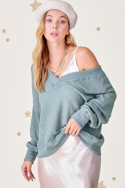 Holly Oversized Waffle Knit V-Neck Long Sleeve Top