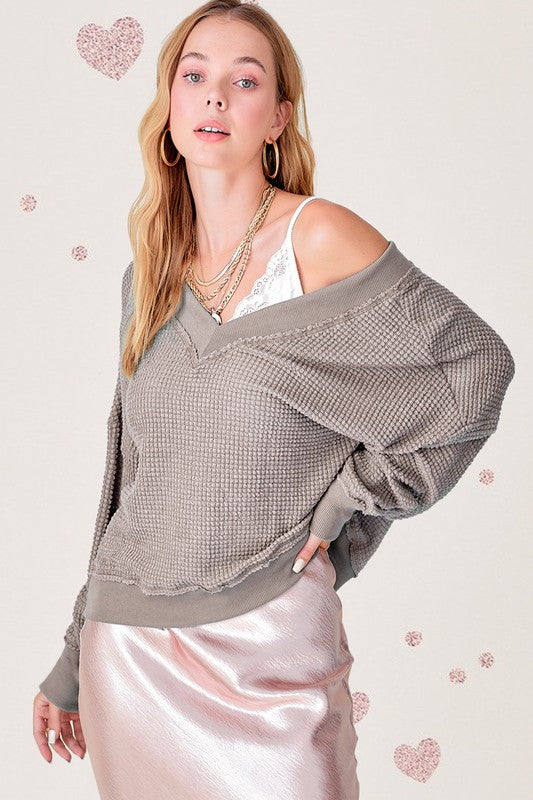 Holly Oversized Waffle Knit V-Neck Long Sleeve Top