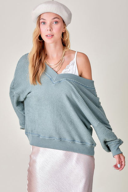 Holly Oversized Waffle Knit V-Neck Long Sleeve Top