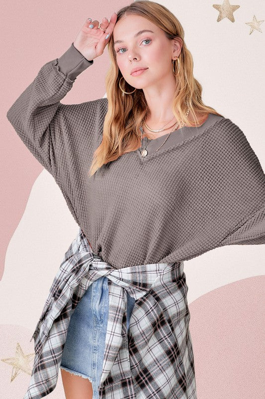 Holly Oversized Waffle Knit V-Neck Long Sleeve Top