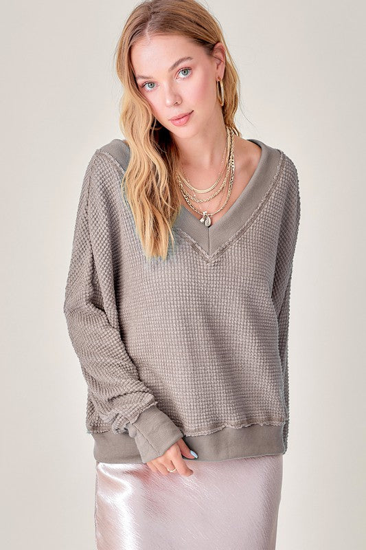 Holly Oversized Waffle Knit V-Neck Long Sleeve Top