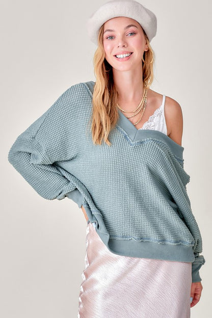 Holly Oversized Waffle Knit V-Neck Long Sleeve Top