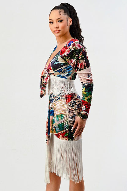 Adorra Multi Print Fringe Tie Front Top Two Piece Skirt Set