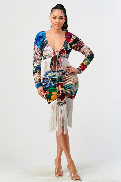 Adorra Multi Print Fringe Tie Front Top Two Piece Skirt Set