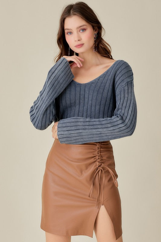Cotton V-Neck Washed Crop Sweater