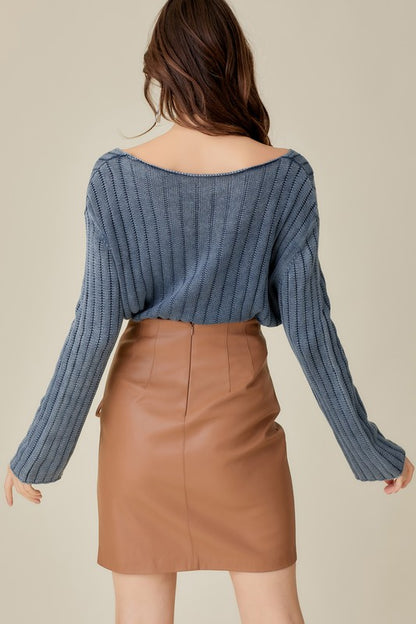 Cotton V-Neck Washed Crop Sweater