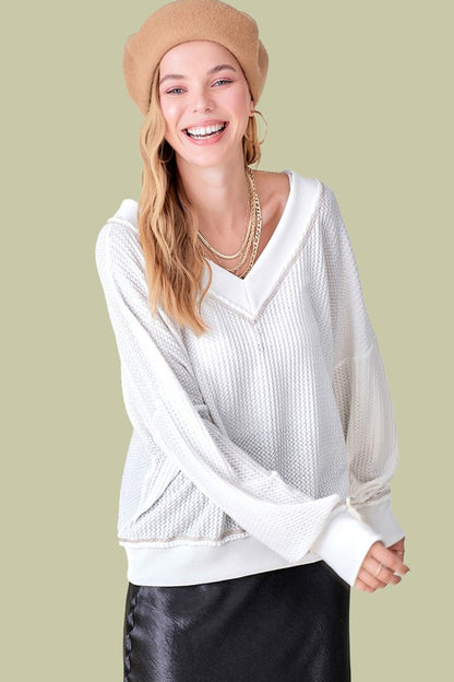 Holly Oversized Waffle Knit V-Neck Long Sleeve Top