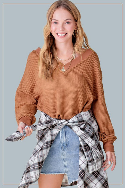 Holly Oversized Waffle Knit V-Neck Long Sleeve Top