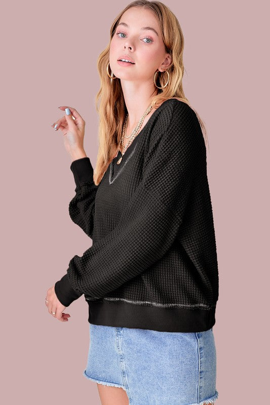 Holly Oversized Waffle Knit V-Neck Long Sleeve Top