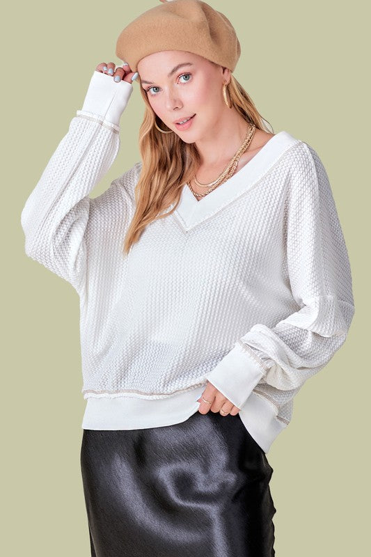 Holly Oversized Waffle Knit V-Neck Long Sleeve Top