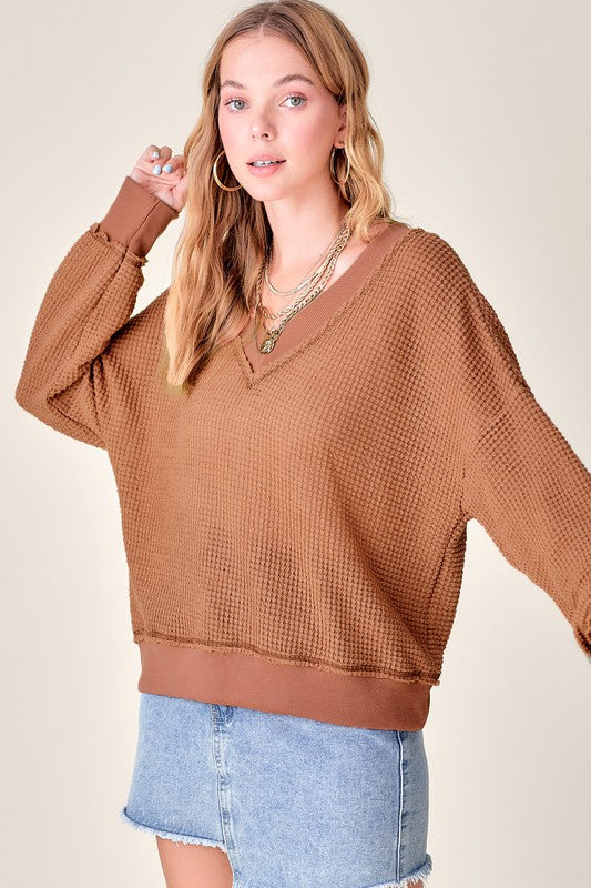 Holly Oversized Waffle Knit V-Neck Long Sleeve Top