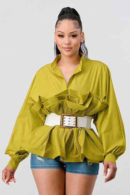 Debra Pleated Ruffle Belted Waist Long Lantern Sleeve Blouse