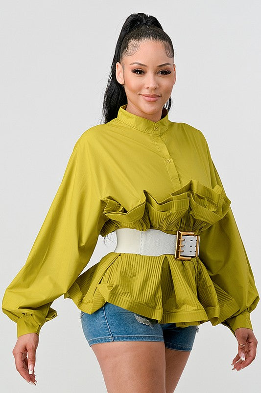 Debra Pleated Ruffle Belted Waist Long Lantern Sleeve Blouse