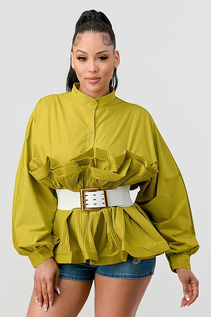 Debra Pleated Ruffle Belted Waist Long Lantern Sleeve Blouse