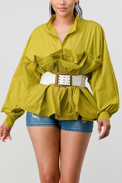 Debra Pleated Ruffle Belted Waist Long Lantern Sleeve Blouse