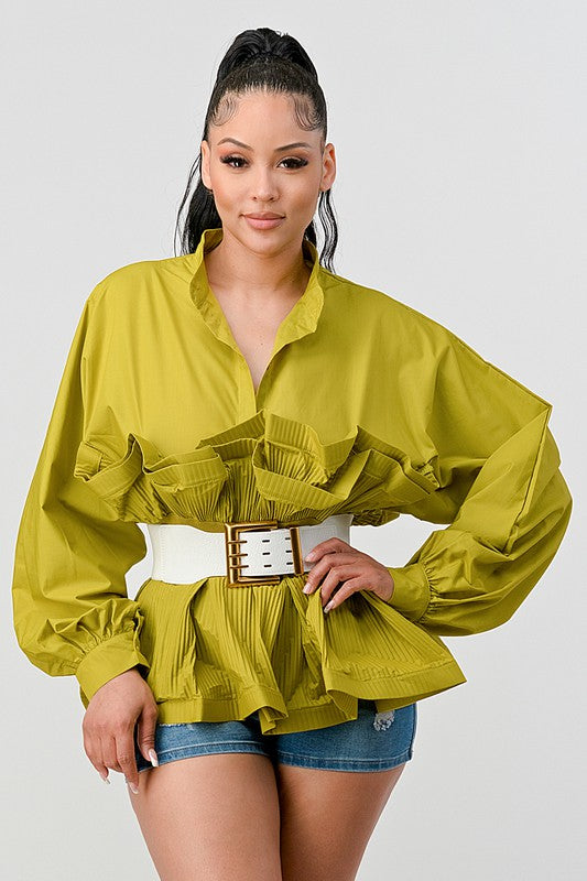 Debra Pleated Ruffle Belted Waist Long Lantern Sleeve Blouse