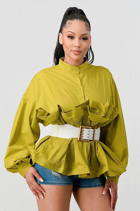 Debra Pleated Ruffle Belted Waist Long Lantern Sleeve Blouse