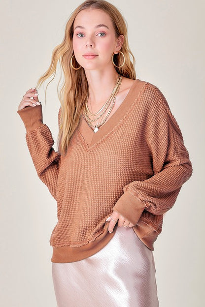 Holly Oversized Waffle Knit V-Neck Long Sleeve Top