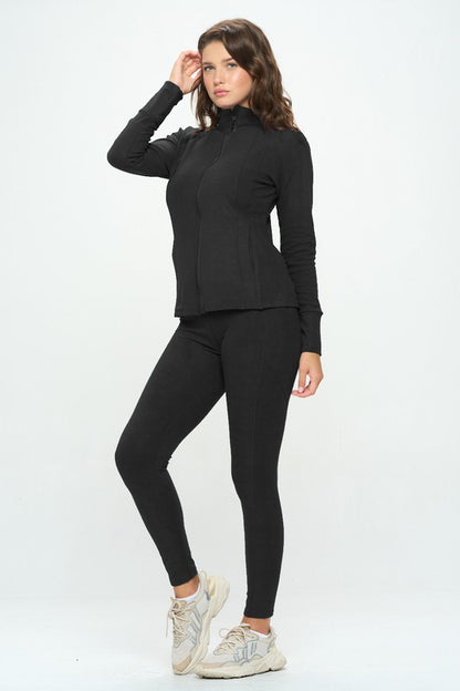 Basic Zip Up Top and Leggings Casual Set