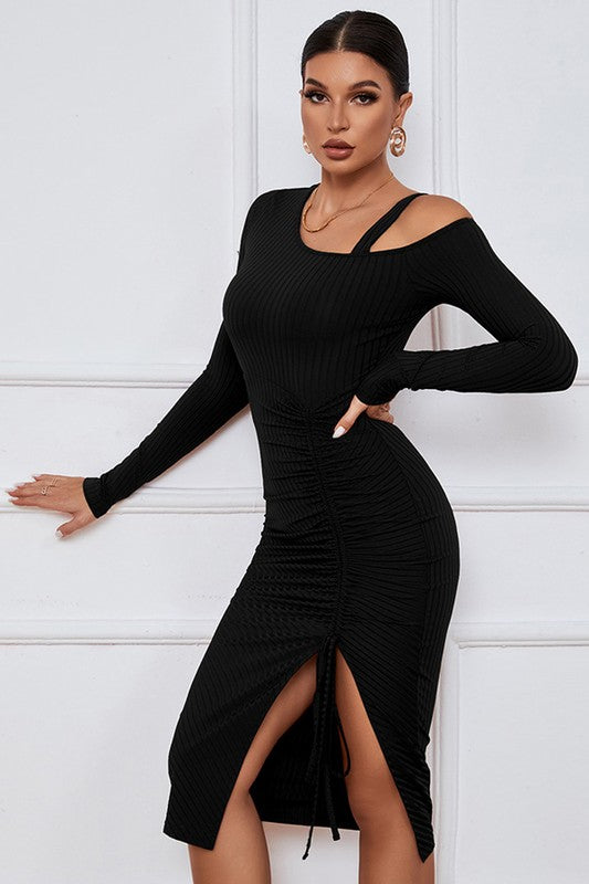Avita Side Slit Shoulder Cut Long Sleeve Dress - Black