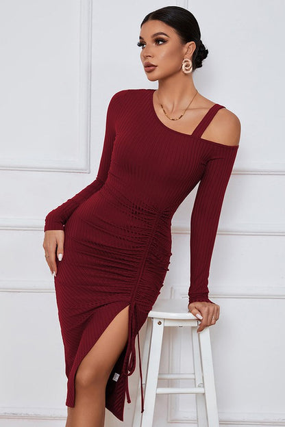 Avita Side Slit Shoulder Cut Long Sleeve Dress - Burgundy