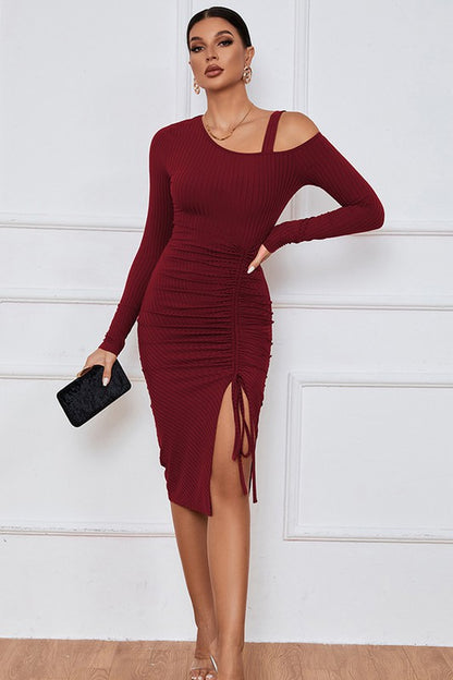 Avita Side Slit Shoulder Cut Long Sleeve Dress - Burgundy