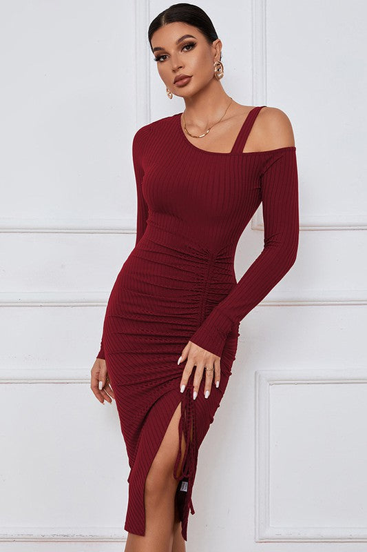Avita Side Slit Shoulder Cut Long Sleeve Dress - Burgundy
