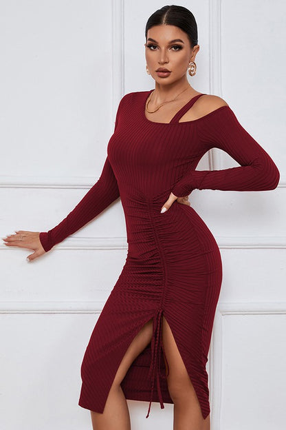 Avita Side Slit Shoulder Cut Long Sleeve Dress - Burgundy