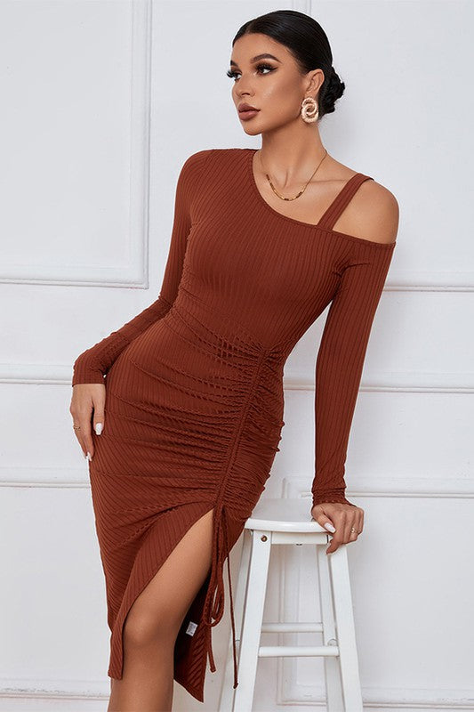 Avita Side Slit Shoulder Cut Long Sleeve Dress - Dust Orange