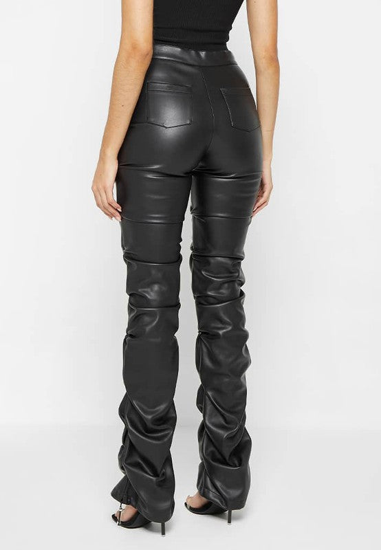 High Waist Ruch-Leg Vegan Leather Pants - Black