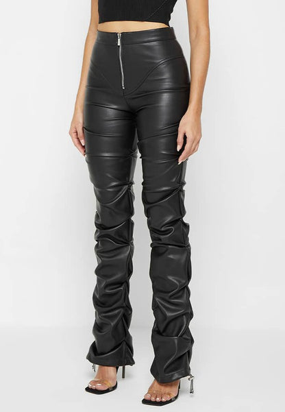 High Waist Ruch-Leg Vegan Leather Pants - Black