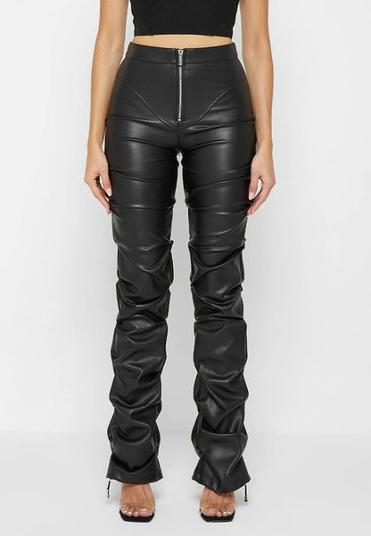 High Waist Ruch-Leg Vegan Leather Pants - Black